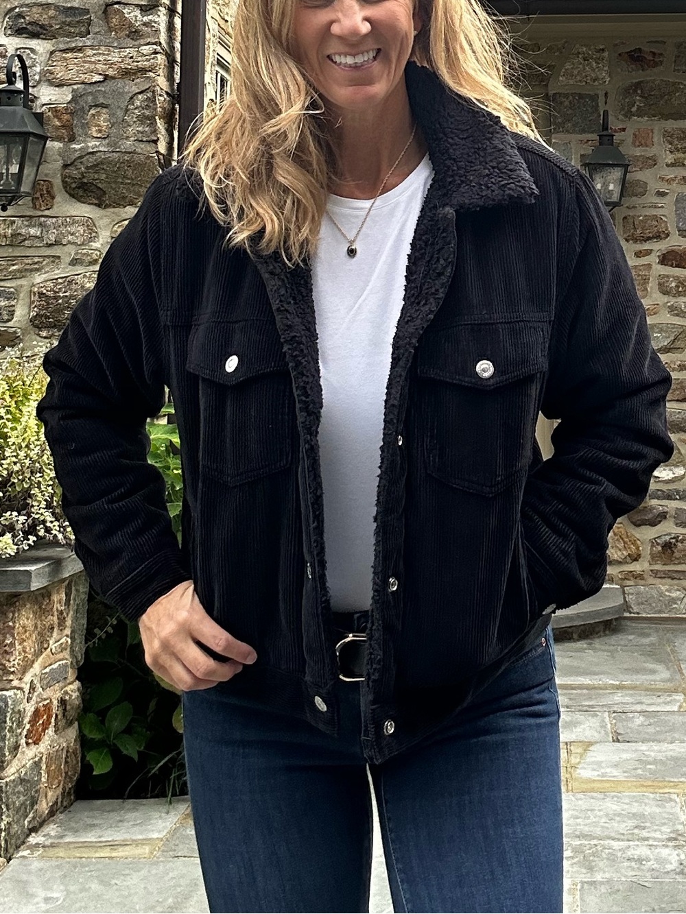 Topshop Black Corduroy Sherpa-Lined Trucker Jacket